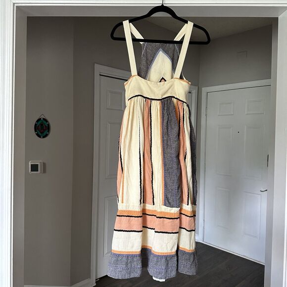 Free People Striped Bloom Dress Size XS Ivory Natural Textured Apron Midi - Picture 3 of 9